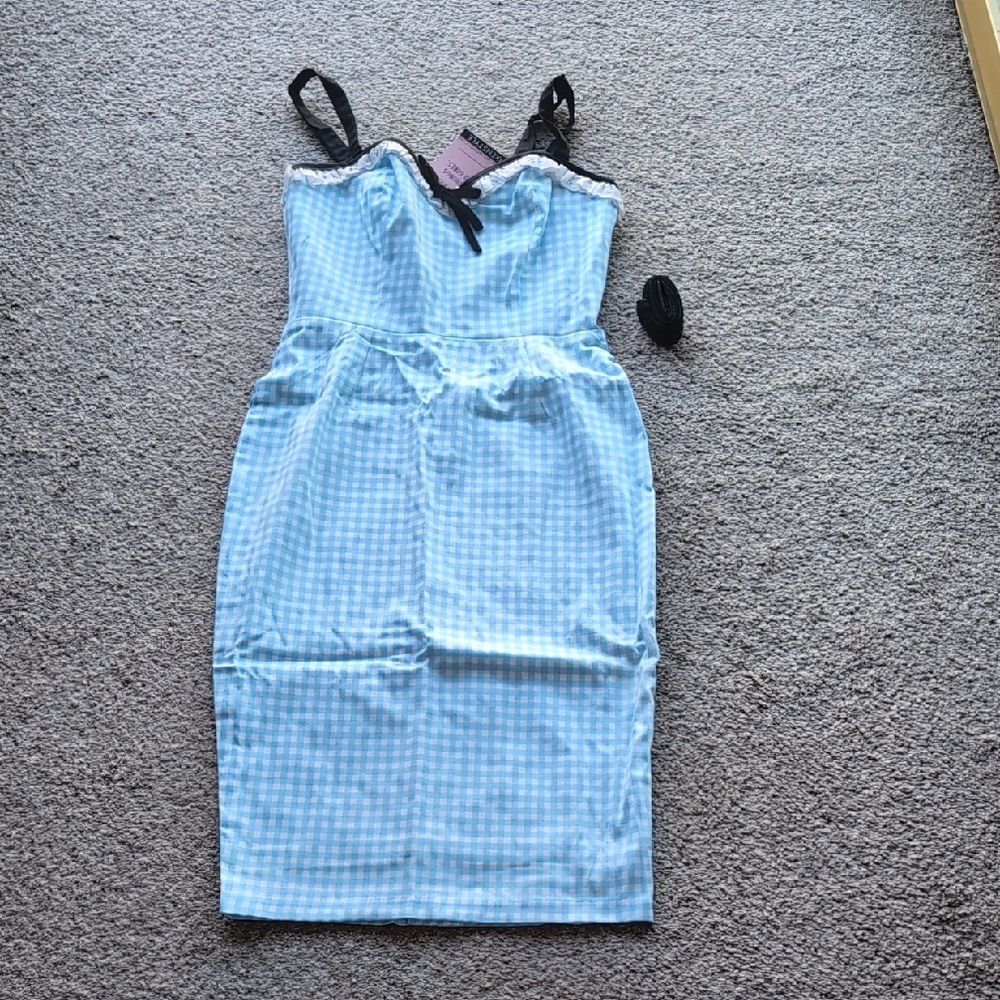 Blue Bardot Beauty Gingham Dress with Black Trim